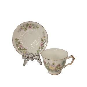 Aynsley Bone China Footed Cup and Saucer Flower Gold Accent